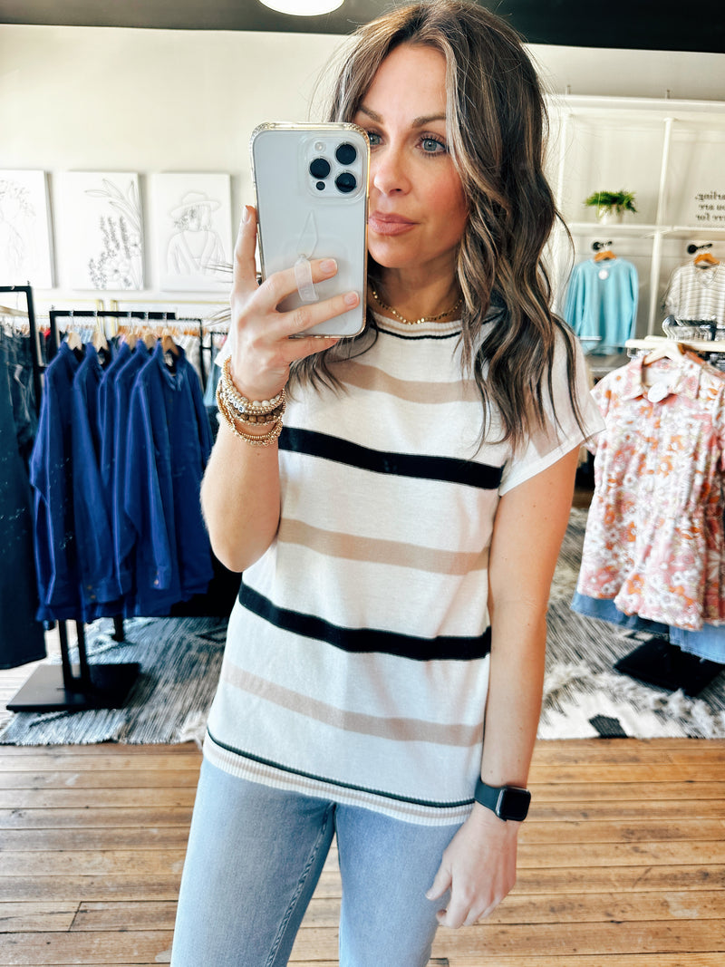Ivory Taupe View. Lightweight Striped Top-2 Colors-Tops basic print-VerClare Boutique