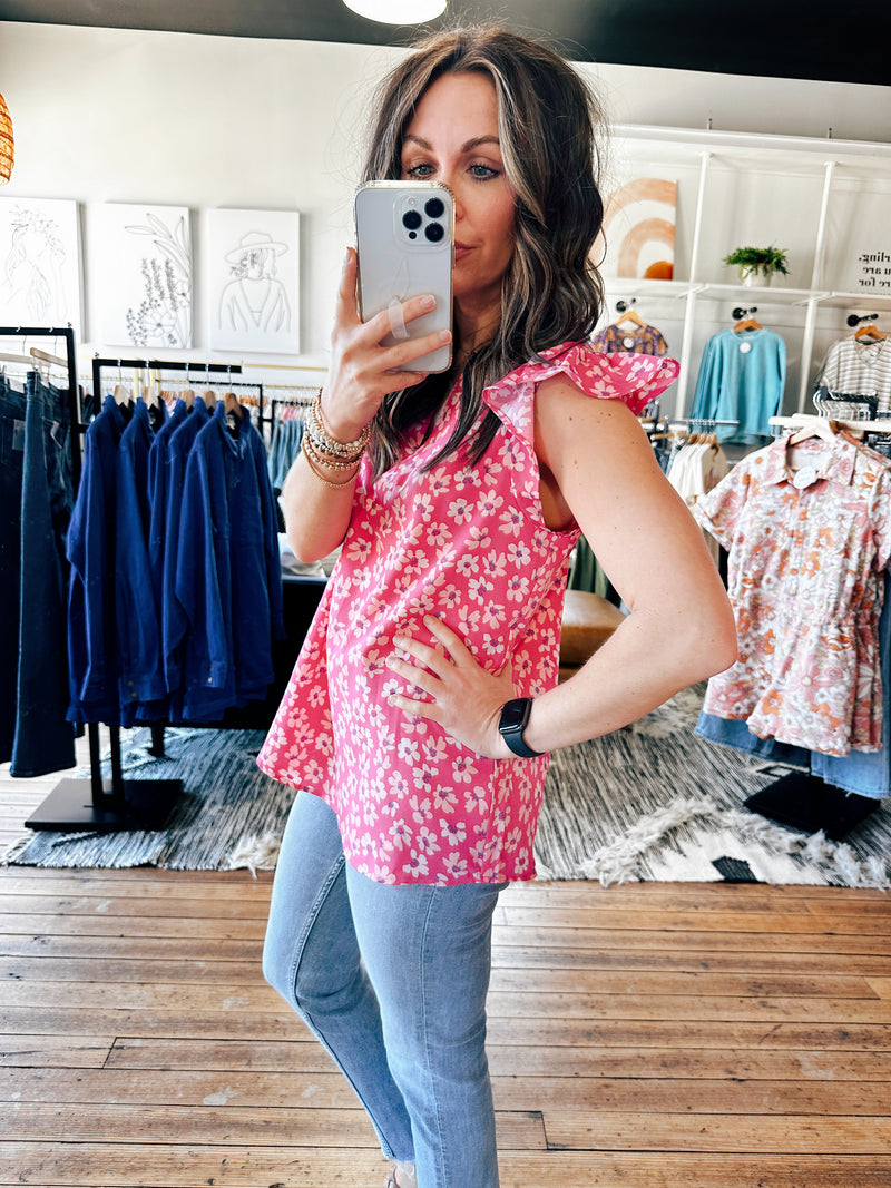 Side View. Hot Pink Garden Floral Blouse-Tops casual-VerClare Boutique