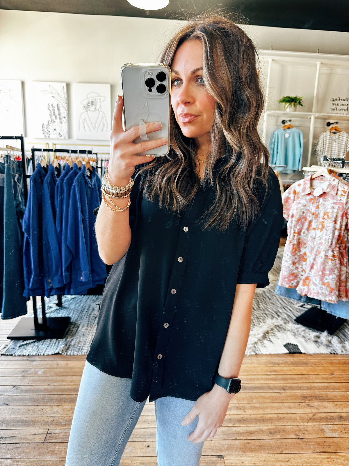 Front View. Black Pleated Button Down Blouse-Tops casual-VerClare Boutique