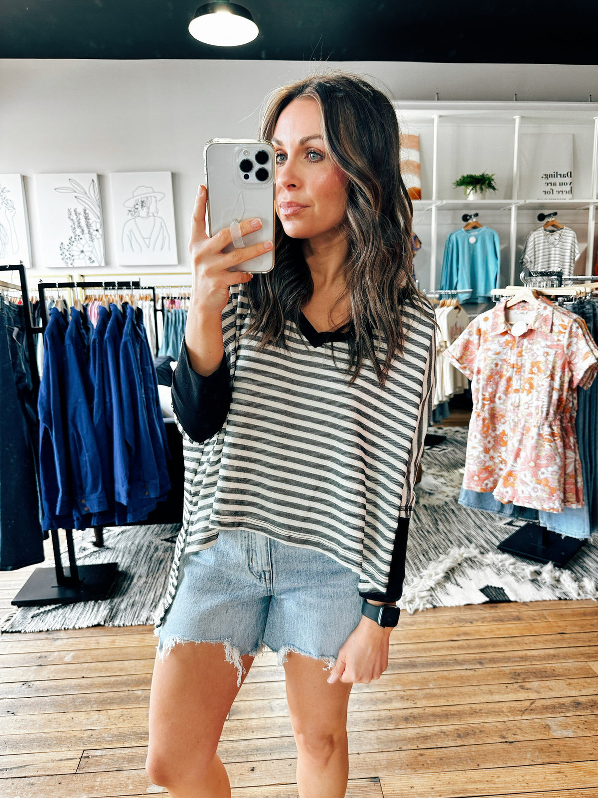 Front View. Hi-Lo Gray Striped Dolman Top-Tops basic print-VerClare Boutique