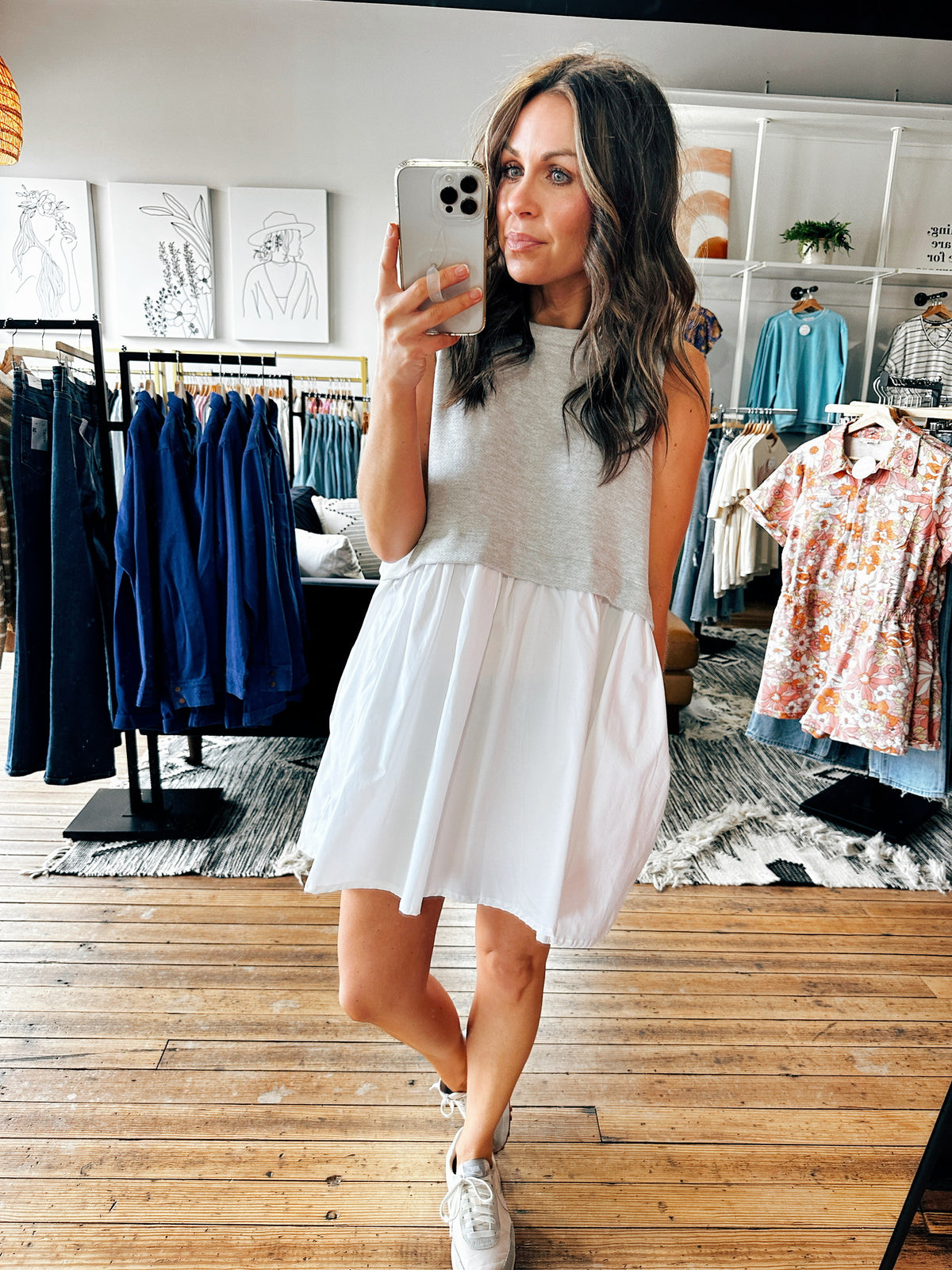 Front View. Grey/White Gathered Skirt Dress-Dresses & Rompers-VerClare Boutique