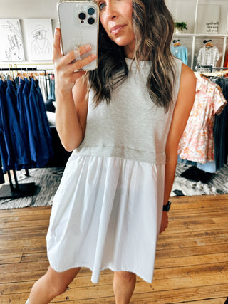 Grey/White Gathered Skirt Dress-Dresses & Rompers-VerClare Boutique