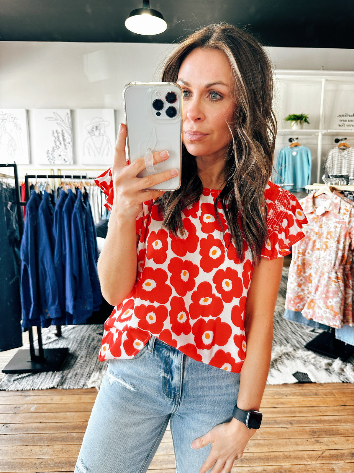 Front View. Short Sleeve Red Ruffle Print Blouse-Tops casual-VerClare Boutique