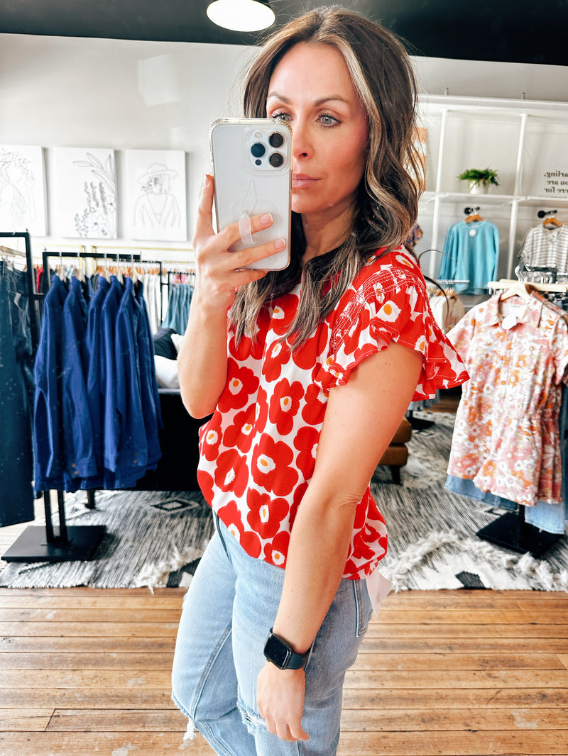 Side View. Short Sleeve Red Ruffle Print Blouse-Tops casual-VerClare Boutique