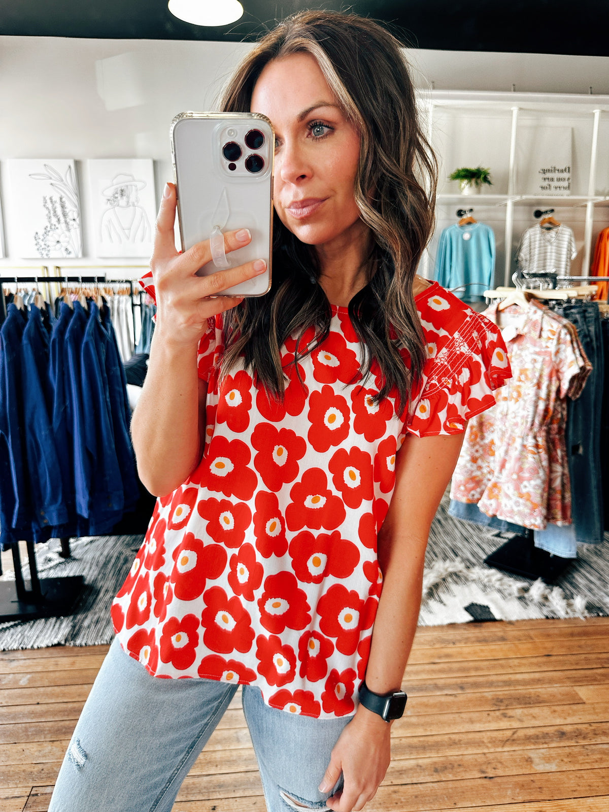 Short Sleeve Red Ruffle Print Blouse-Tops casual-VerClare Boutique