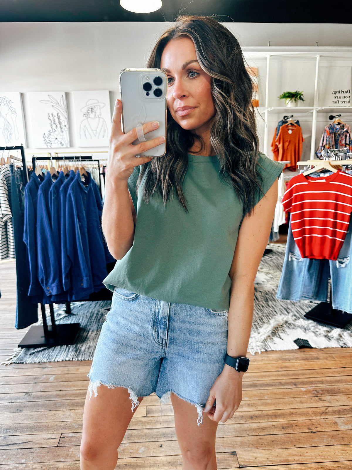 Side Slit Green Muscle Tee-Tops basic solid-VerClare Boutique