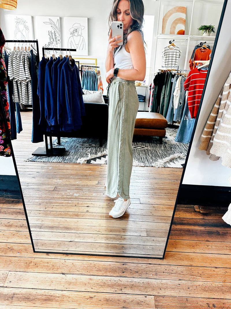 Faded Olive Mineral Wash Pants-Bottoms-VerClare Boutique