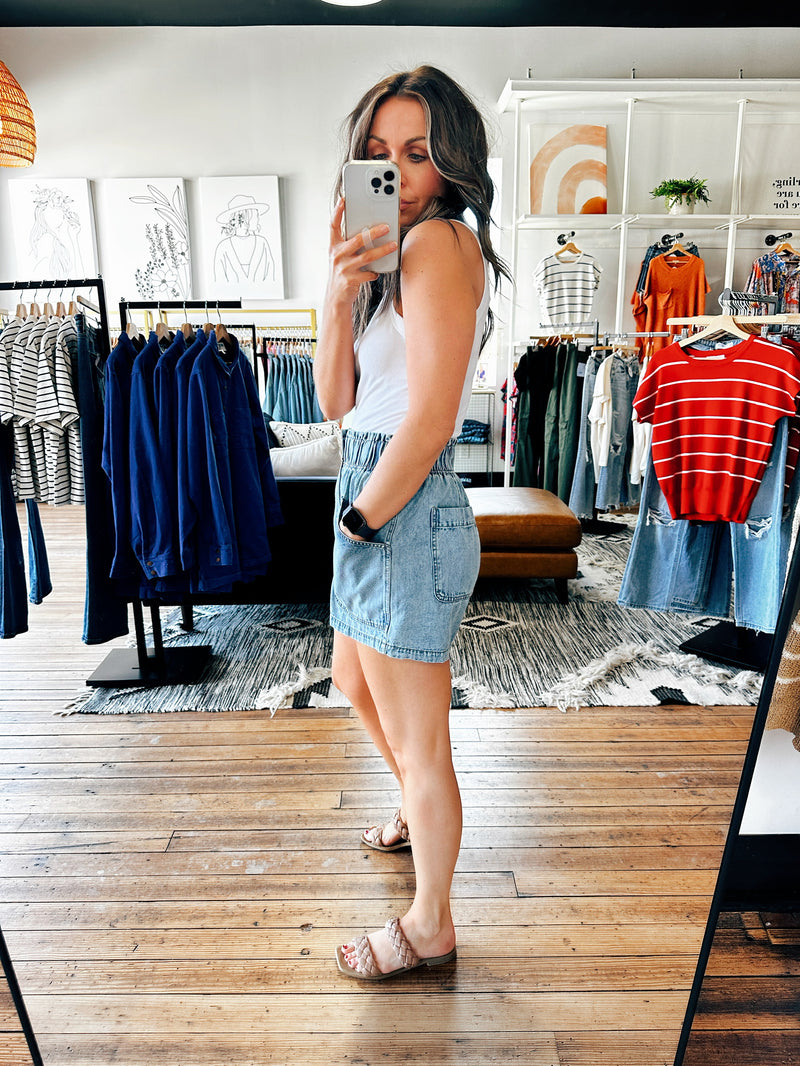 Side View. Woodstock Elastic Waist Denim Shorts-Bottoms-VerClare Boutique