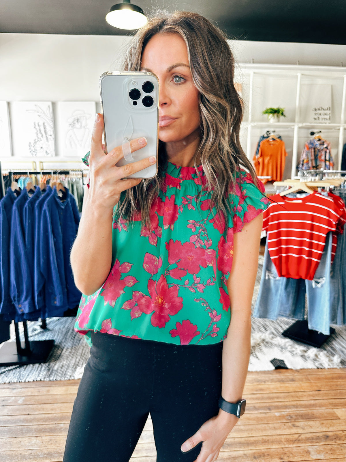 Front View. Green/Pink Floral Spring Blouse-Tops casual-VerClare Boutique