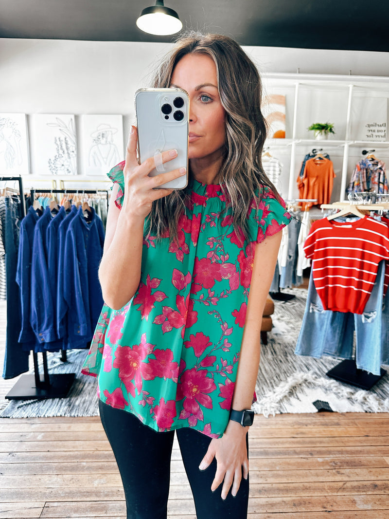 Green/Pink Floral Spring Blouse-Tops casual-VerClare Boutique