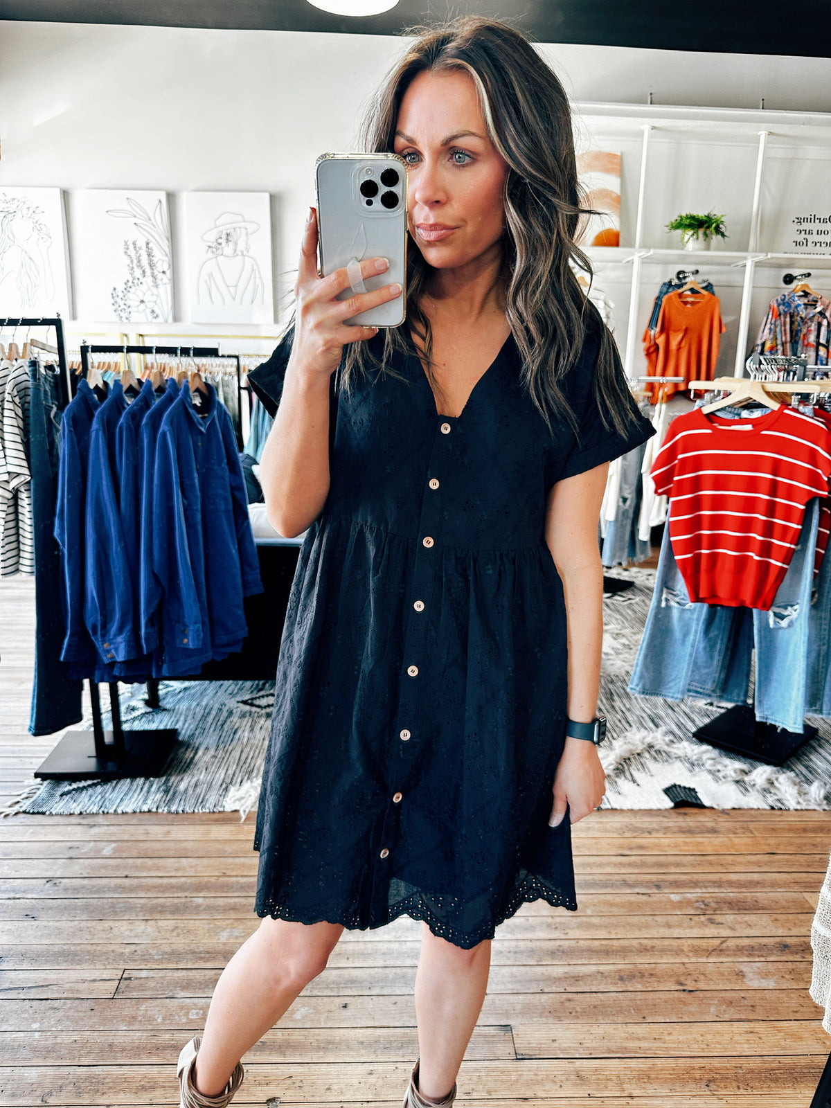 Front View. Friday Night Black Eyelet Dress-Dresses & Rompers-VerClare Boutique