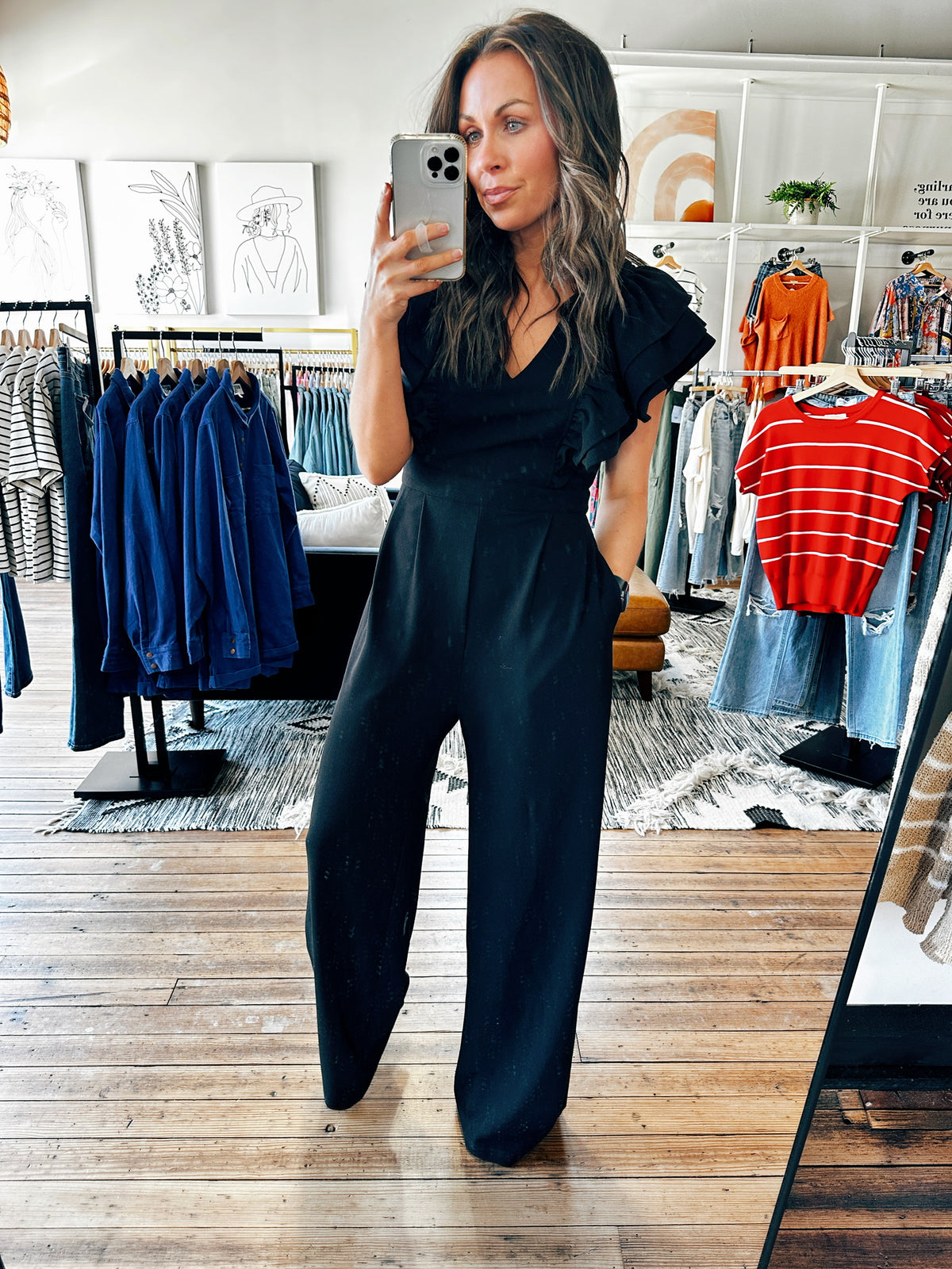 Ruffle Shoulder Dressy Black Jumpsuit-Bottoms-VerClare Boutique
