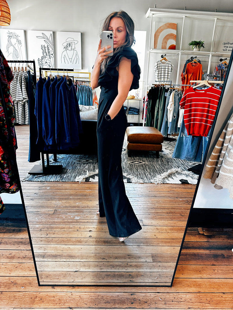 Ruffle Shoulder Dressy Black Jumpsuit-Bottoms-VerClare Boutique