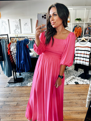 Fuchsia Puff Sleeve Maxi Dress-Dresses & Rompers-VerClare Boutique