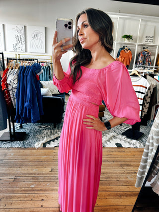 Fuchsia Puff Sleeve Maxi Dress-Dresses & Rompers-VerClare Boutique