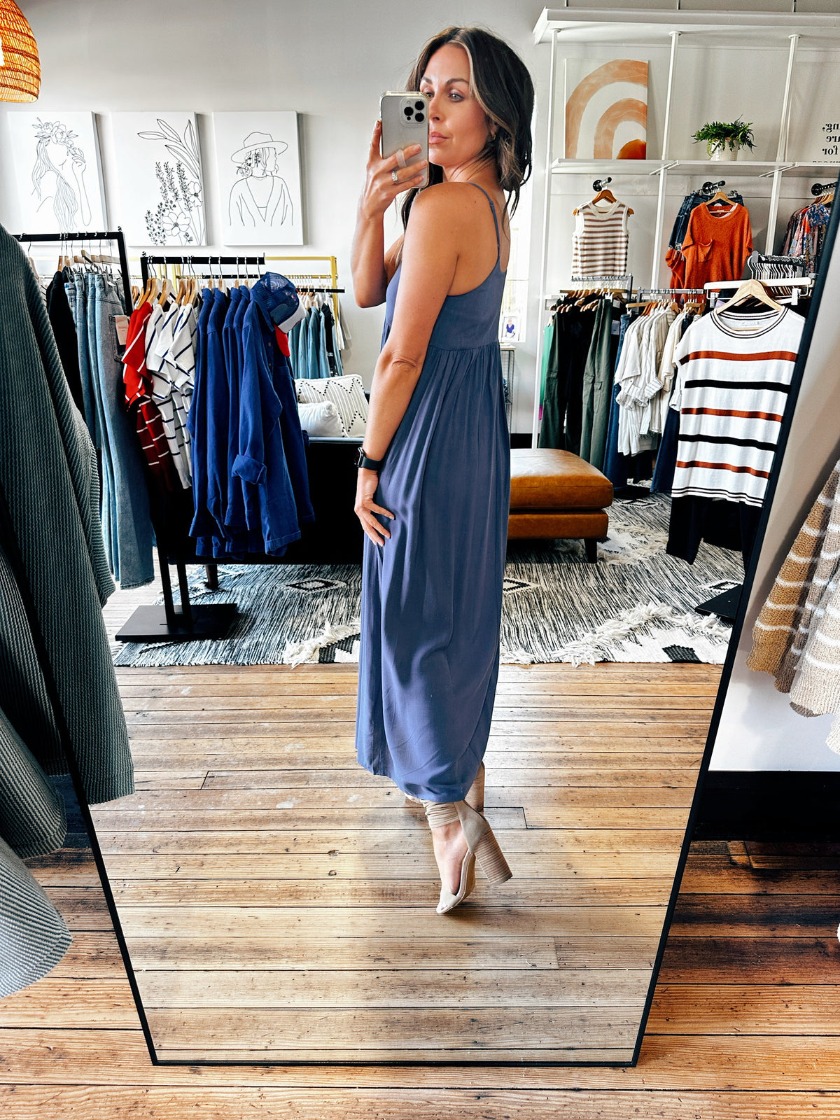 Side Back View. Denim Blue Babydoll Midi Dress-Dresses & Rompers-VerClare Boutique
