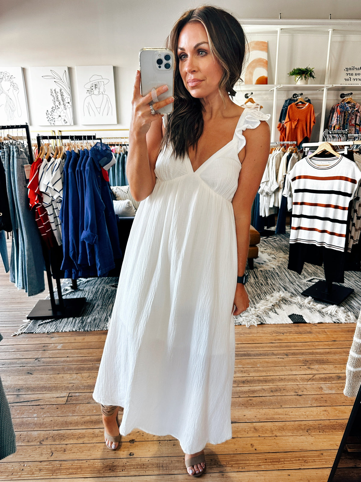 Front view. White Gauze Midi Dress-Dresses & Rompers-VerClare Boutique
