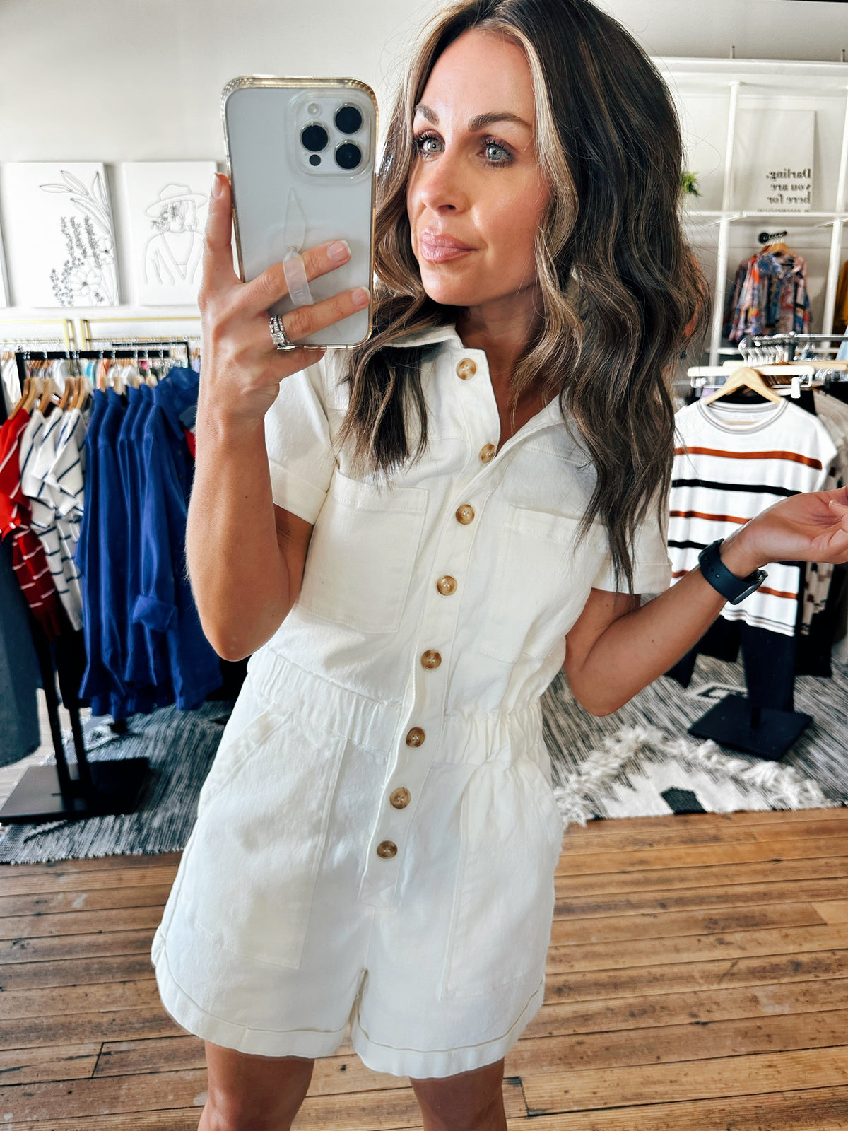 Isla Button Up ivory Romper-Dresses & Rompers-VerClare Boutique