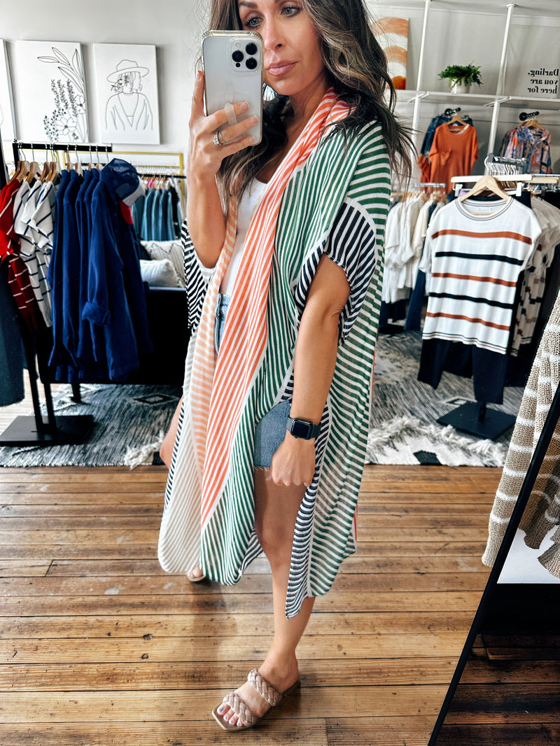 Side View. Stripe Multi Colored Kimono-Jackets & Kimonos-VerClare Boutique