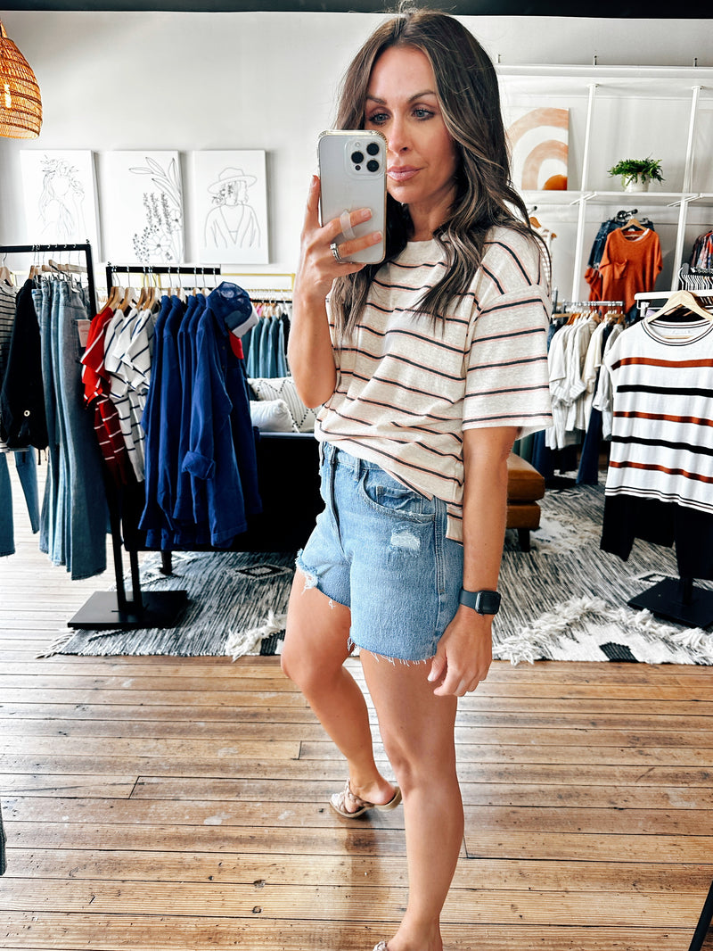 Katie Coral Striped Pocket Tee-Tops basic solid-VerClare Boutique