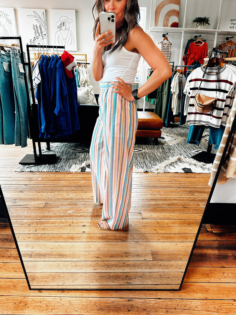 Side View. Beachfront Pink & Blue Palazzo Pants-Bottoms-VerClare Boutique