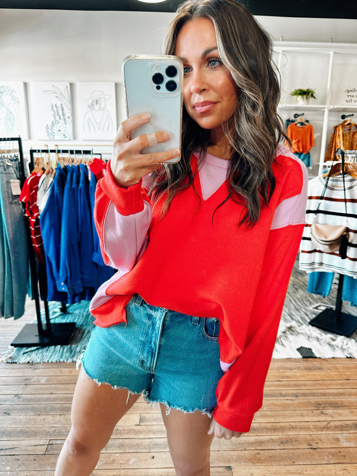 Front View. Lavender/Red Contrast Sweatshirt-Jackets & Kimonos-VerClare Boutique