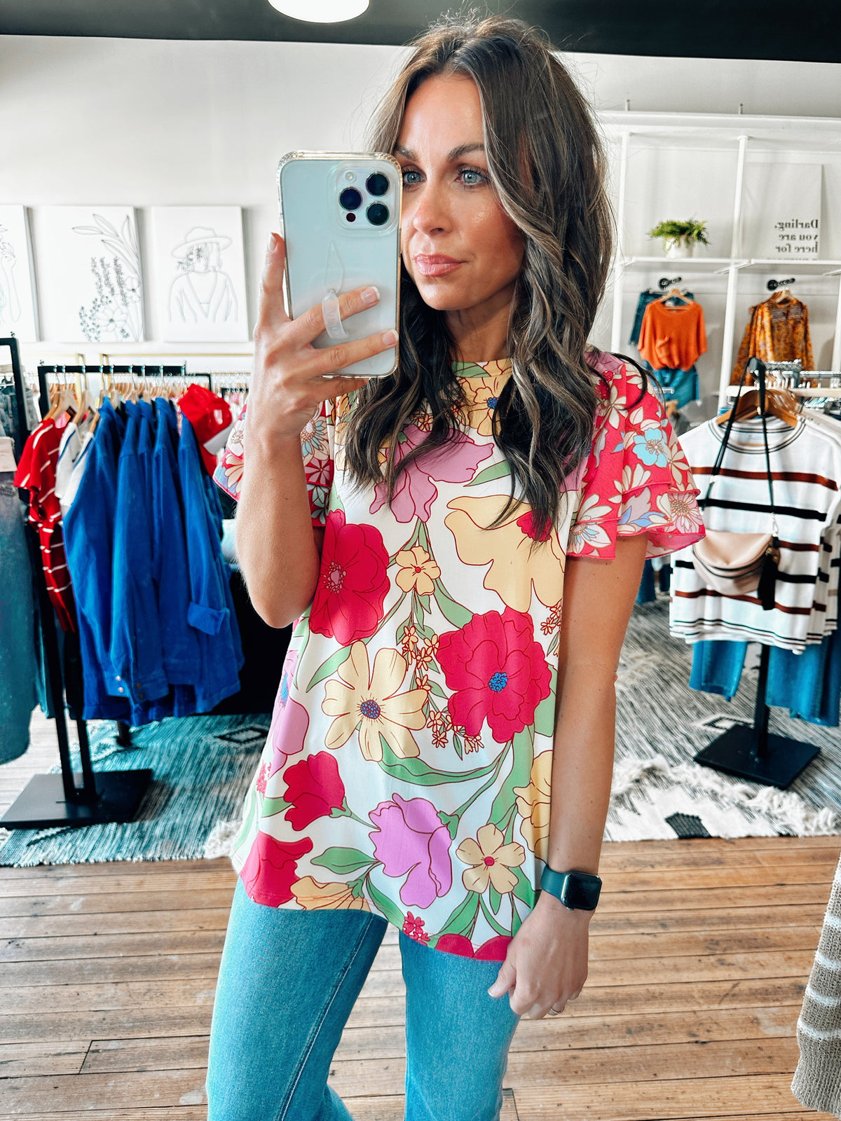 Ivory/Fuchsia Floral Print Top-Tops casual-VerClare Boutique