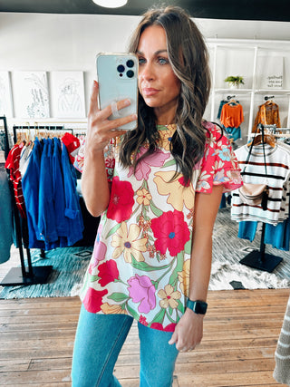 Front View. Ivory/Fuchsia Floral Print Top-Tops casual-VerClare Boutique