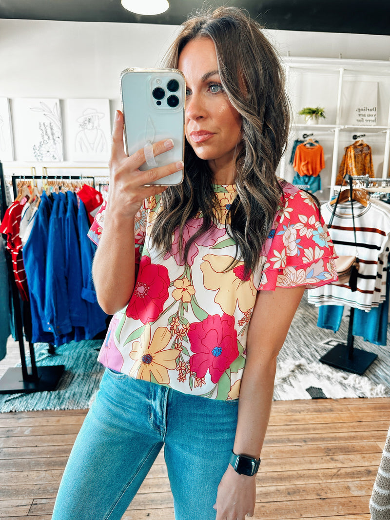 Ivory/Fuchsia Floral Print Top-Tops casual-VerClare Boutique