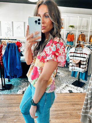 Side View. Ivory/Fuchsia Floral Print Top-Tops casual-VerClare Boutique