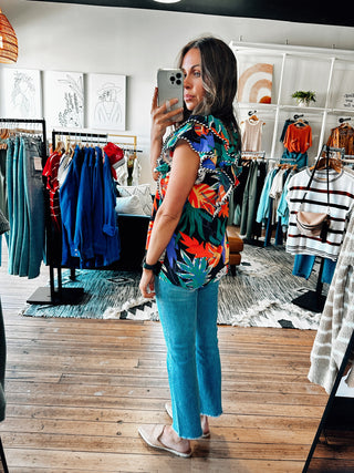 Back View. Black Tropical Cap Sleeve Blouse-Tops casual-VerClare Boutique