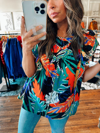 Black Tropical Cap Sleeve Blouse-Tops casual-VerClare Boutique