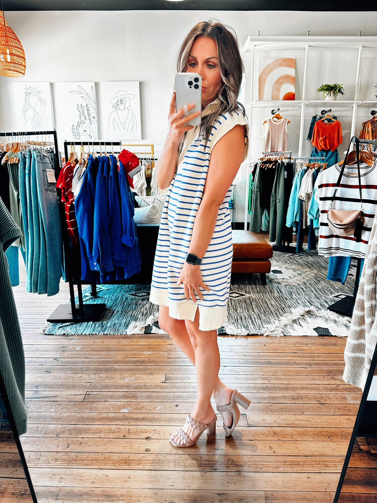 Side View. Tessa Striped Sleeveless Blue Dress-Dresses & Rompers-VerClare Boutique