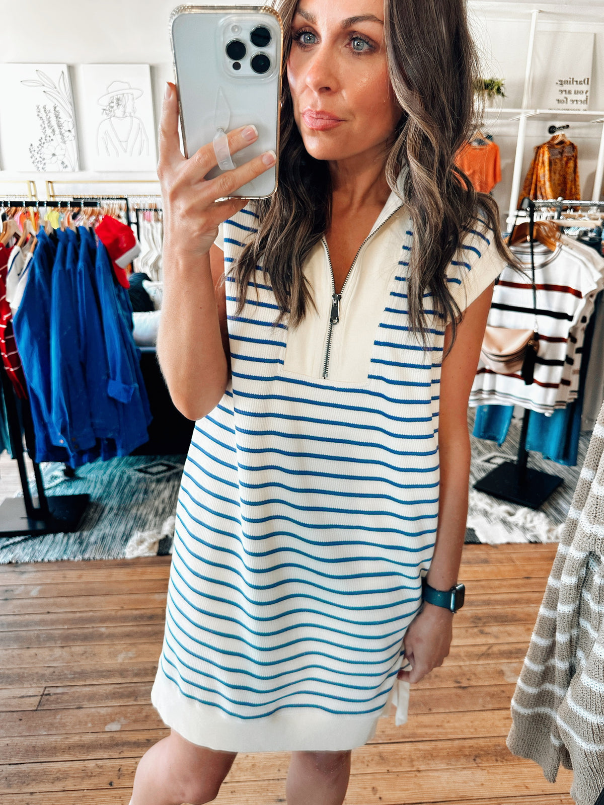 Front View. Tessa Striped Sleeveless Blue Dress-Dresses & Rompers-VerClare Boutique