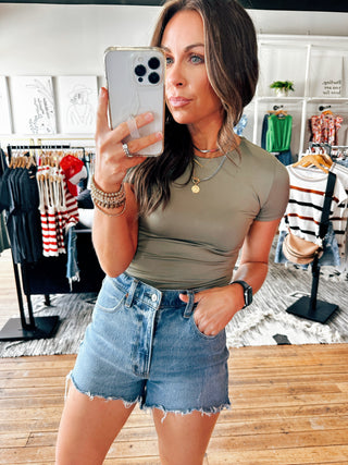 Light Olive View. Shannon Short Sleeve Bodysuit-2 Colors-Tops basic solid-VerClare Boutique