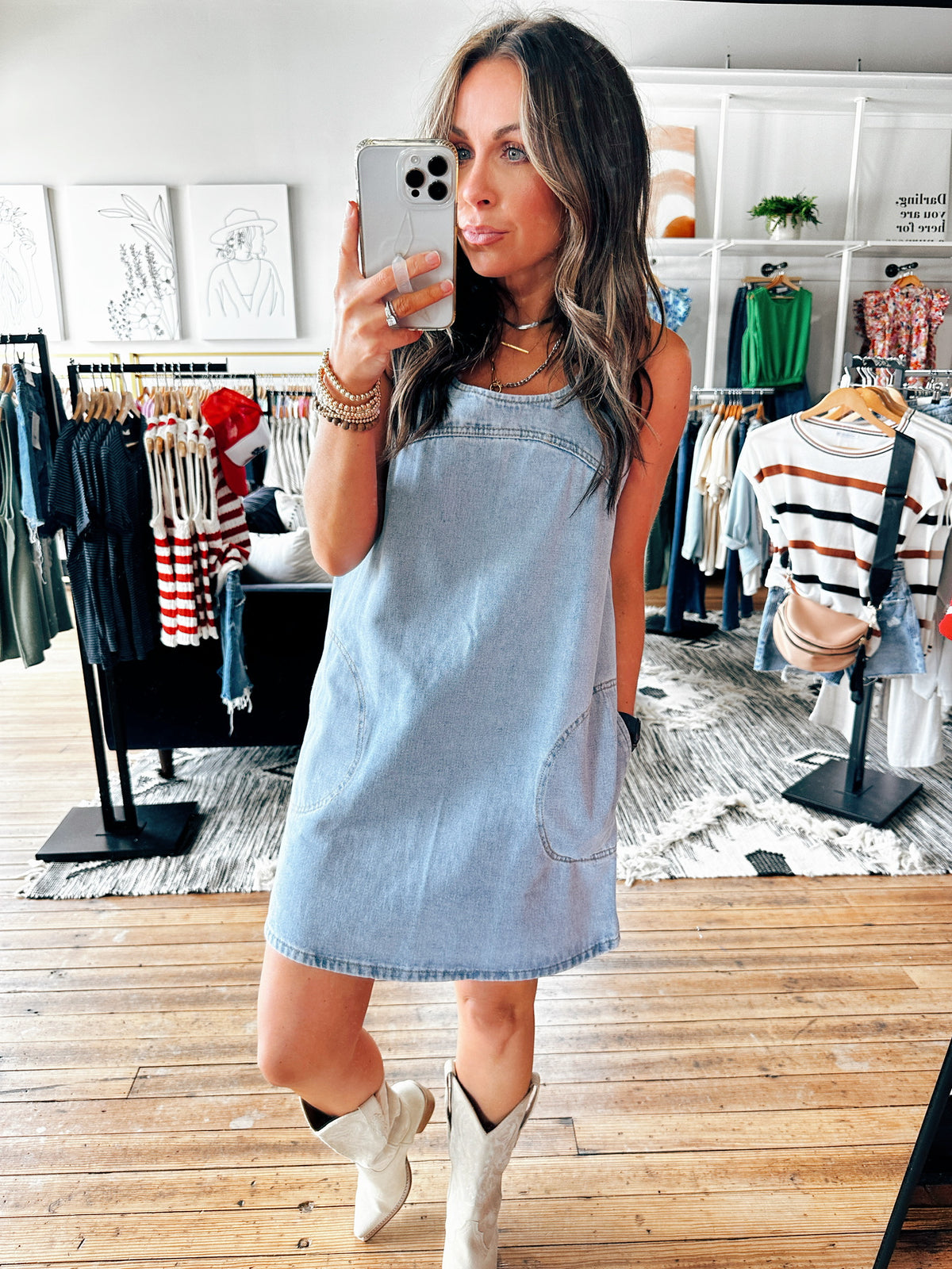 Front View. Denim Sleeveless Shift Dress-Dresses & Rompers-VerClare Boutique