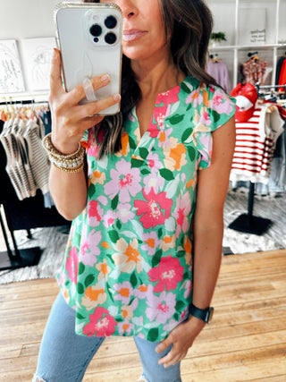 Ruffle Sleeve Tropical Green Top-Tops casual-VerClare Boutique