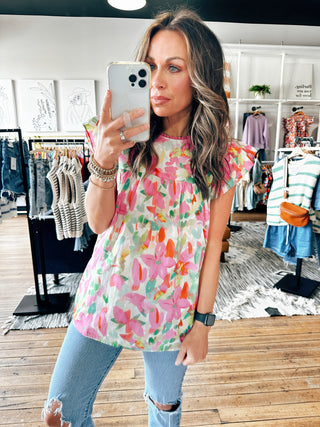 Pink/Green Floral Top-Tops Casual-VerClare Boutique