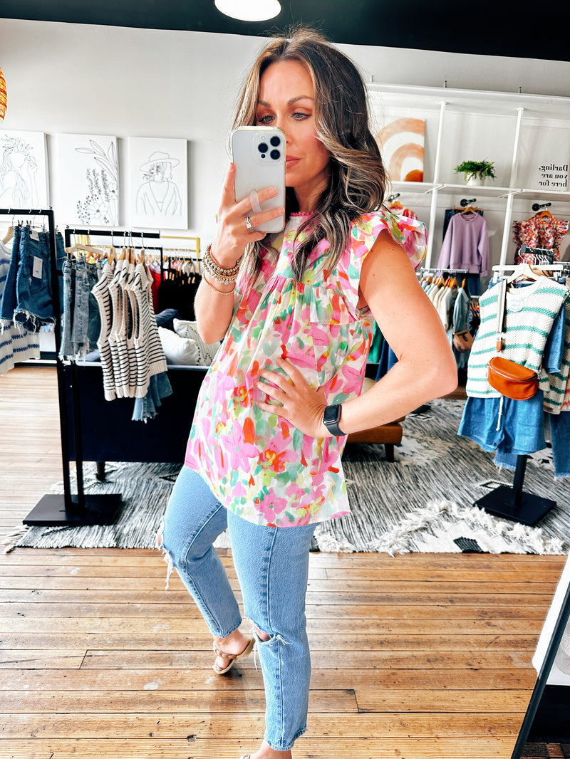 Side View. Pink/Green Floral Top-Tops Casual-VerClare Boutique