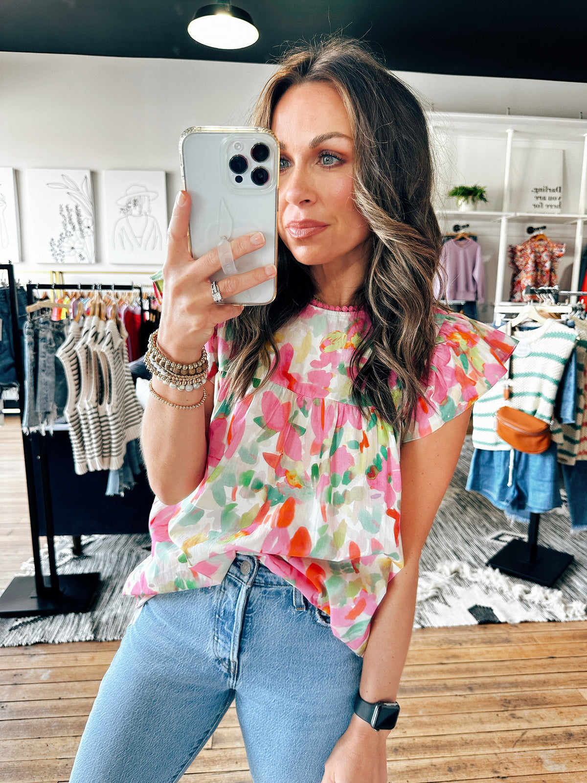 Front View. Pink/Green Floral Top-Tops Casual-VerClare Boutique