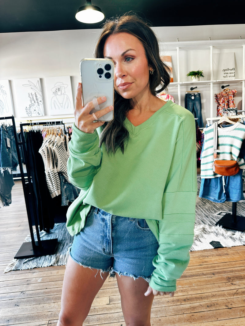 Green Front View. Oversized V-Neck Sweatshirt-2 Colors-Jackets & Kimonos-VerClare Boutique