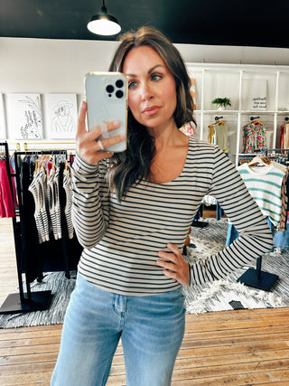 Khaki View. Stripe Basic Long Sleeve Knit Top-2 Colors-Tops Basic Print-VerClare Boutique