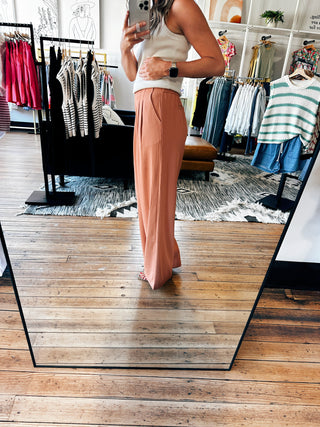 Side View. Hazelnut Wide Leg Trousers-Bottoms-VerClare Boutique