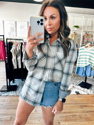 Front View. Lewis Plaid Black/Grey Shirt-Tops Casual-VerClare Boutique