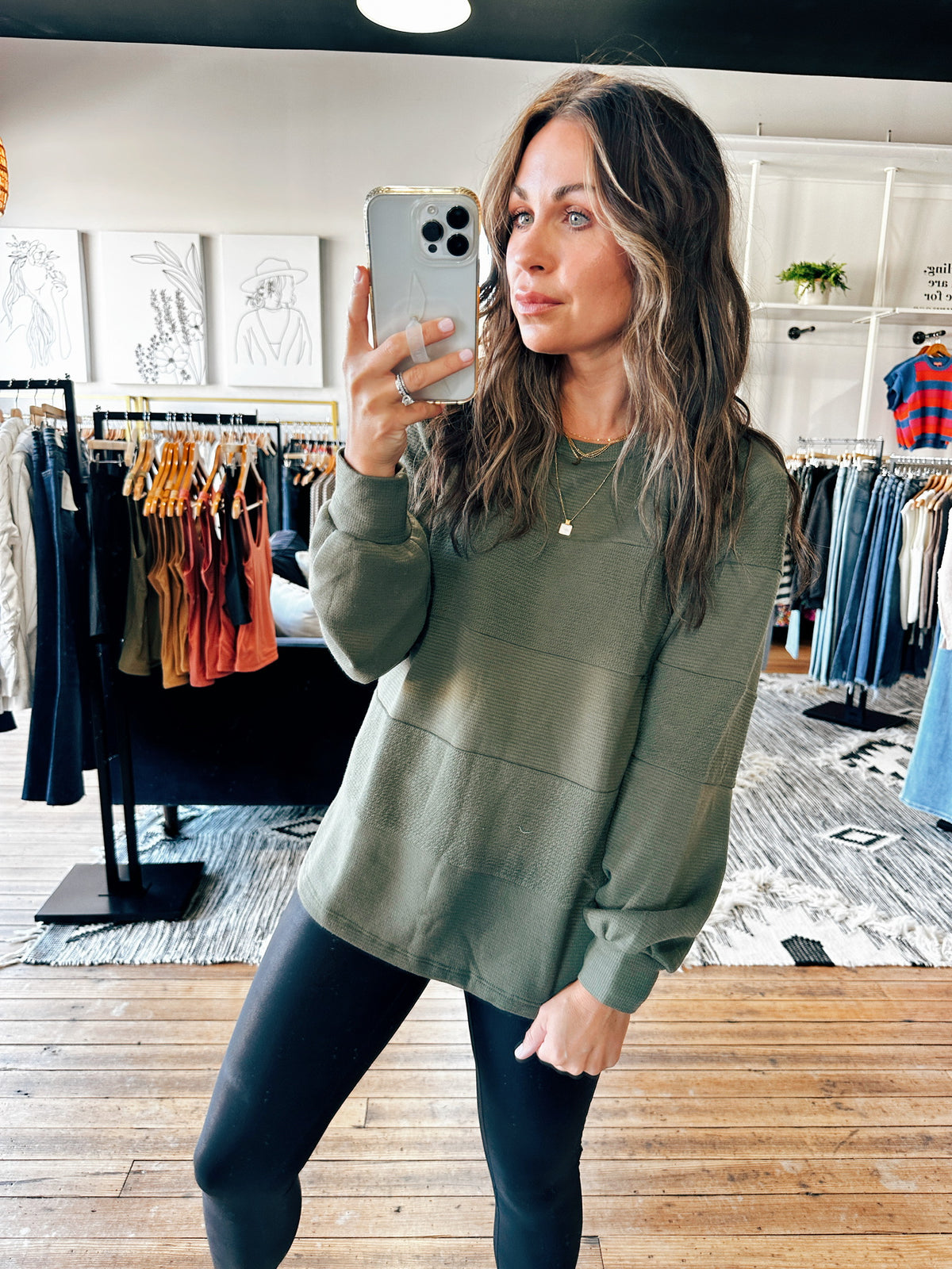 Olive View. Colorblock Long Sleeve Textured Top-2 Colors-Tops Basic Solid-VerClare Boutique