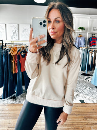 Oatmeal View. Cindy Ribbed Crew Neck-2 Colors-Tops Basic Solid-VerClare Boutique