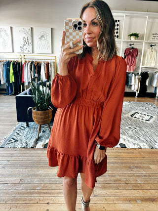 Fall V-Neck Long Sleeve Dress–2 Colors-Dresses & RompersFall V-Neck Long Sleeve Dress | VerClare Boutique | Chenoa, IL-Women's Long Sleeve Dress | Fall V-Neck Long Sleeve Dress | Sizes: S, M, L | Color: Cinnamon, Black | Free US shipping on eligible orders. Chenoa, Illinois-VerClare Boutique