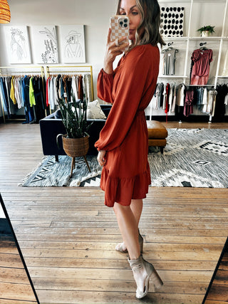 Fall V-Neck Long Sleeve Dress–2 Colors-Dresses & RompersFall V-Neck Long Sleeve Dress | VerClare Boutique | Chenoa, IL-Women's Long Sleeve Dress | Fall V-Neck Long Sleeve Dress | Sizes: S, M, L | Color: Cinnamon, Black | Free US shipping on eligible orders. Chenoa, Illinois-VerClare Boutique