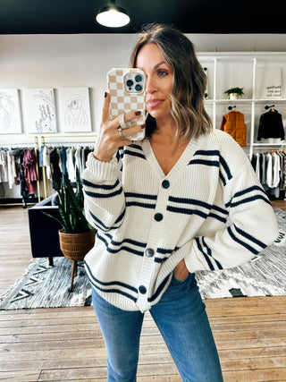 Z SUPPLY-Boyfriend Striped Cardigan-2 Colors-SweatersZ SUPPLY-Boyfriend Striped Cardigan | VerClare Boutique | Chenoa, IL-Women's Boyfriend Striped Cardigan | Sizes: S, M, L, XL | Color: White & Hunter | Free US shipping on all eligible orders. Located in Chenoa, Illinois-VerClare Boutique