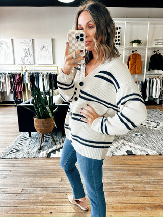 Z SUPPLY-Boyfriend Striped Cardigan-2 Colors-SweatersZ SUPPLY-Boyfriend Striped Cardigan | VerClare Boutique | Chenoa, IL-Women's Boyfriend Striped Cardigan | Sizes: S, M, L, XL | Color: White & Hunter | Free US shipping on all eligible orders. Located in Chenoa, Illinois-VerClare Boutique